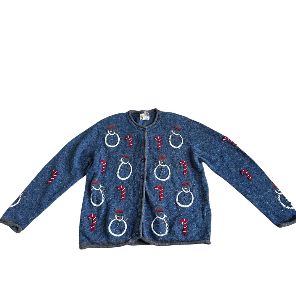 Vintage Christopher & Banks‎ Wool Christmas Sweater Womens L Snowman Cardigan